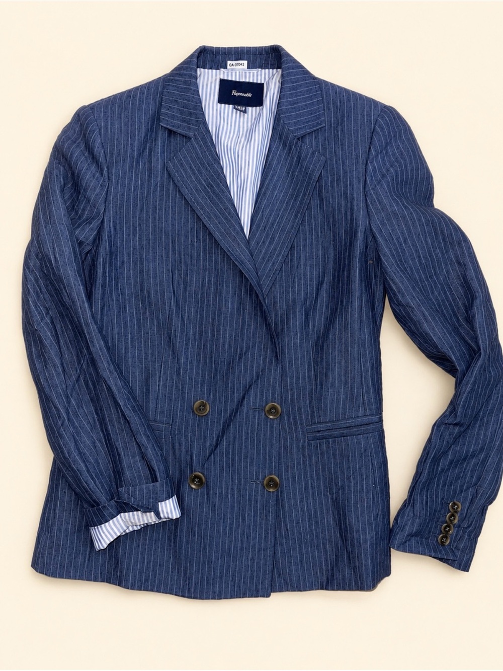 Faconnable Linen Navy Pinstripe Double-Breasted Blazer